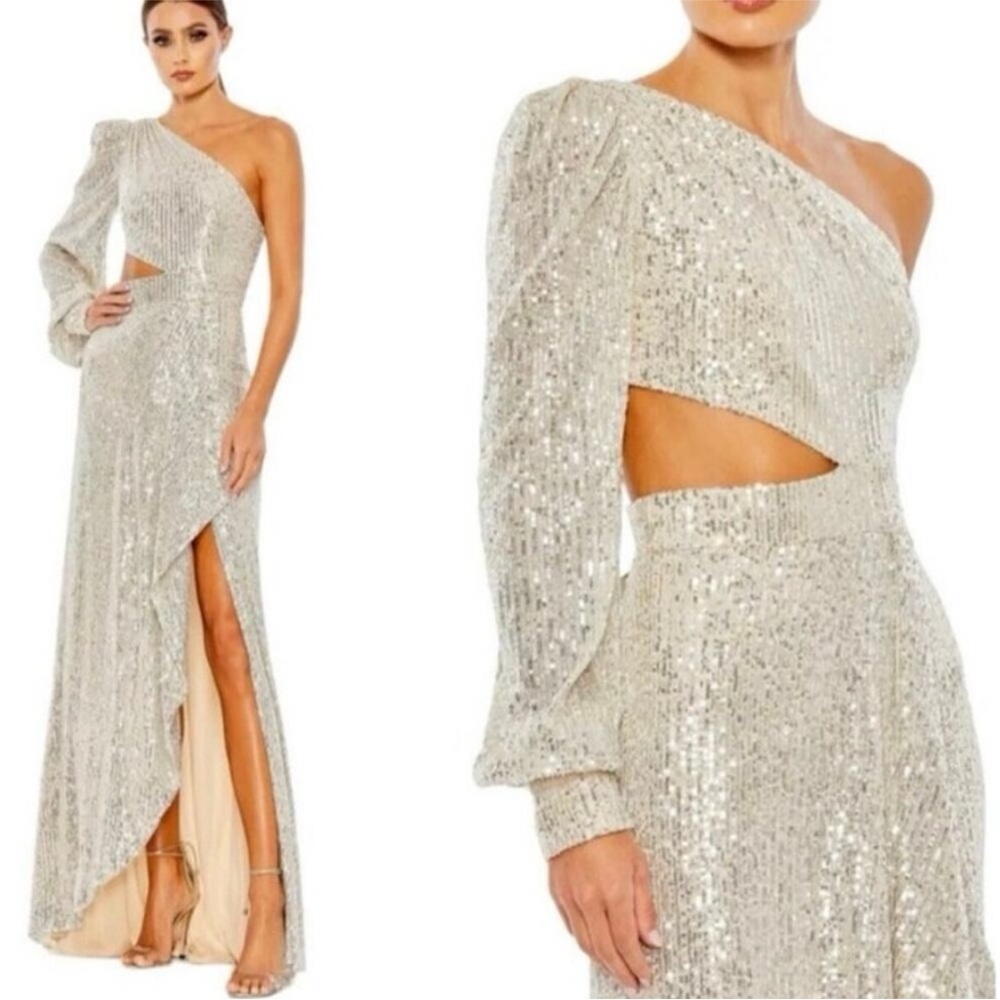 Mac Duggal Silver Sequin One-Shoulder High Low Dress
